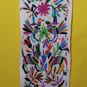 otomi hand made table runner, bed runner, tablecloth, mexico hand embroidered, cotton 100% 75x18&quot; Ca7