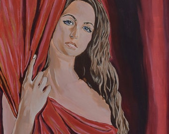 May include: A woman with long brown hair is partially hidden behind a red curtain. She is wearing a red dress and looking to the left. The background is a dark red.