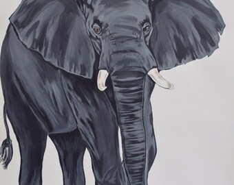 May include: A painting of a large, gray elephant with white tusks. The elephant is facing forward and has a serious expression. The painting is done in a realistic style.