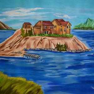 Dipinto acrilico "Island House" / Arte murale con paesaggio costiero / Decorazione per la casa in riva al mare / Regalo unico dipinto a mano / Opera d'arte con natura oceanica