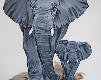 May include: A painting of a large gray elephant walking with a smaller gray elephant. The larger elephant has a textured, wrinkled skin and the smaller elephant has smooth skin. The painting is on a white background.