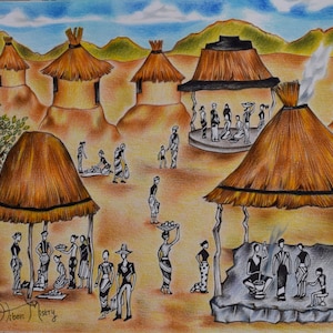 Original African Village Drawing: Handcrafted Tribal Life Wall Art