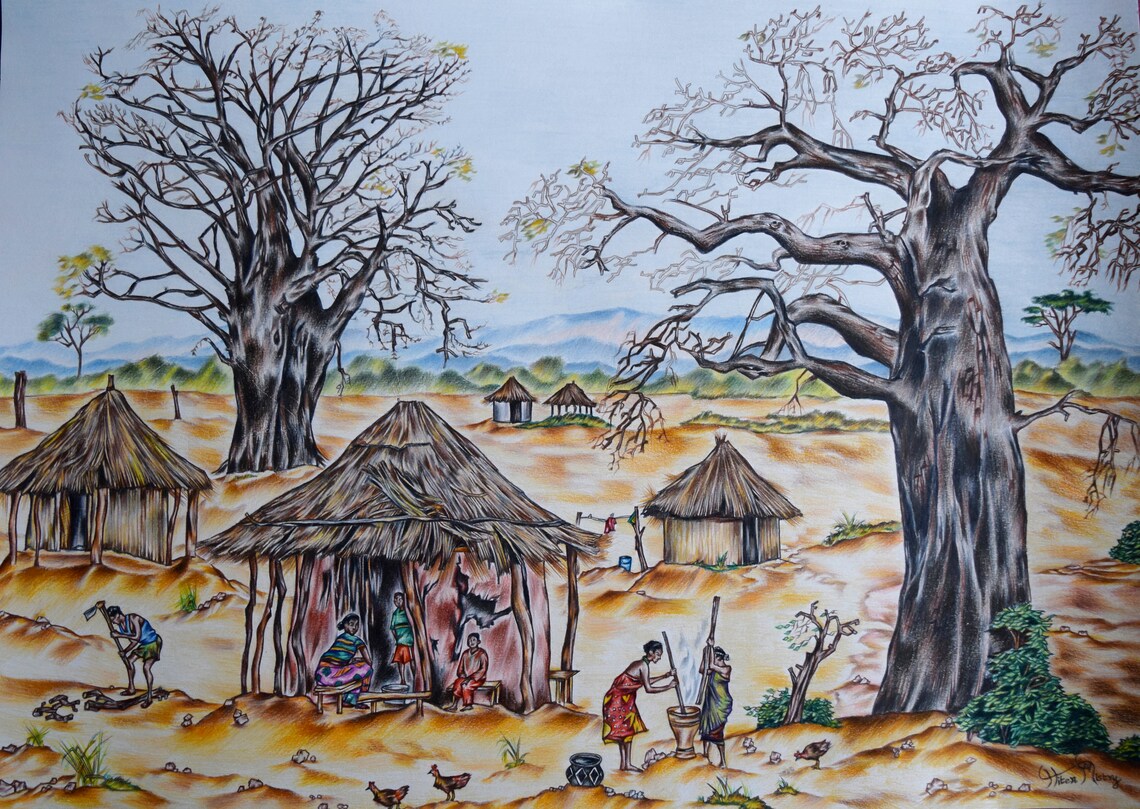 Original Zambian Village Drawing Zambian Art Zambia Wall Art Zambia