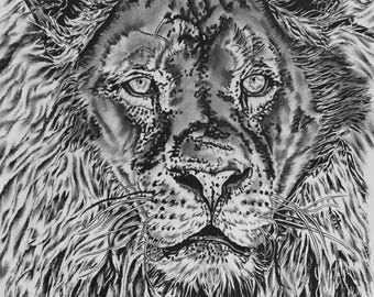 Autoridad silenciosa / Dibujo original de león / Obra de arte única realizada con grafito y rotulador de punta fina