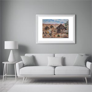 Original African Village Life Drawing | Hand Drawn Rural Scene Art | Colored Pencil Cultural Artwork | A3 Wall Decor