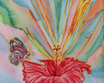Floración radiante / Pintura original de hibisco / Obra de arte floral única