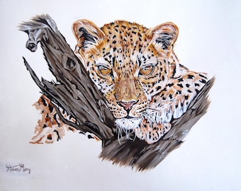 オリジナルのヒョウの絵画、額装済みミクストメディアファインアート