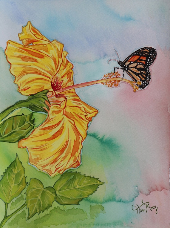 ハイビスカスと蝶々、油彩画 絵画作品「ハイビスカスと蝶」