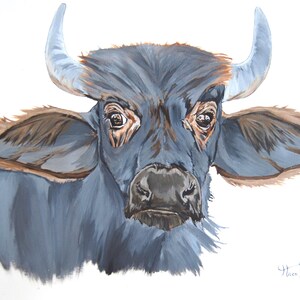 Dipinto originale di bufalo africano / Arte realistica della fauna selvatica su carta / Decorazione murale di caccia grossa dipinta a mano