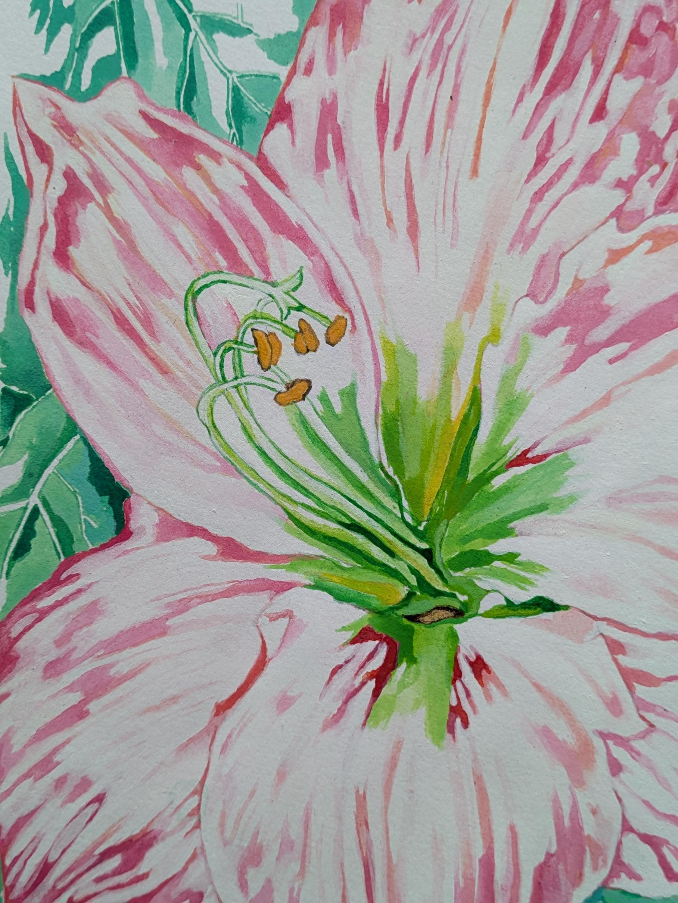 水彩画アマリリスボタニカルアート原画　作家サイン入り オリジナルの白いアマリリスの絵画：花と植物のアート、サイン入り