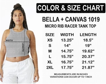 Bella Canvas 1019 Size Chart Micro Rib Racer Tank Top size chart BC 1019 Cropped Micro Ribbed Racer Tank Top Size Chart