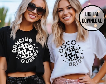 May include: Two women wearing black and white t-shirts with a disco ball graphic and the text "Dancing Queens" and "Disco Bride".