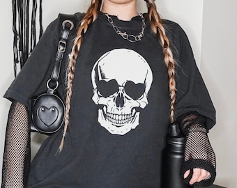 Trendy y2k Skull Shirt, Skull T-Shirt Heart Eyes, Skull T-shirt, Halloween Skull Shirt, Dames Skull Shirt, Skelet Shirt Vrouw, Gothic Shirt