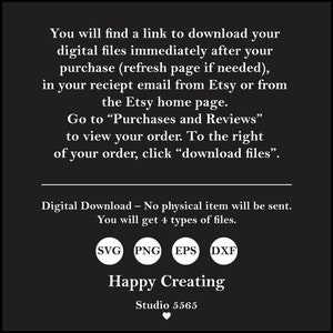 Puede incluir: Texto en blanco y negro sobre un fondo negro que explica c&oacute;mo descargar archivos digitales despu&eacute;s de la compra. El texto incluye las palabras "SVG", "PNG", "EPS" y "DXF". El texto tambi&eacute;n incluye las palabras "Happy Creating" y "Studio 5565".