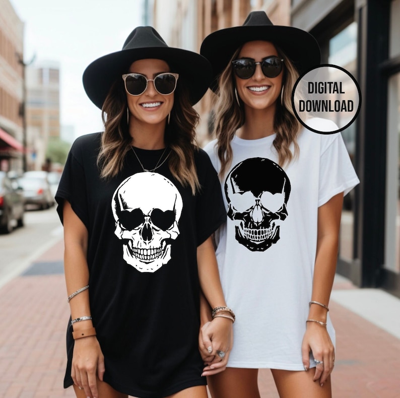 May include: Two people wearing black and white t-shirts with a skull graphic wearing sunglasses. The shirts are a black t-shirt with a white skull and a white t-shirt with a black skull.  The text "DIGITAL DOWNLOAD" is in the upper right corner of the image.