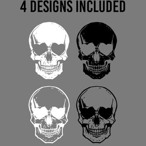 May include: Four designs of a skull wearing sunglasses. The skulls are in black, white, and two shades of gray.