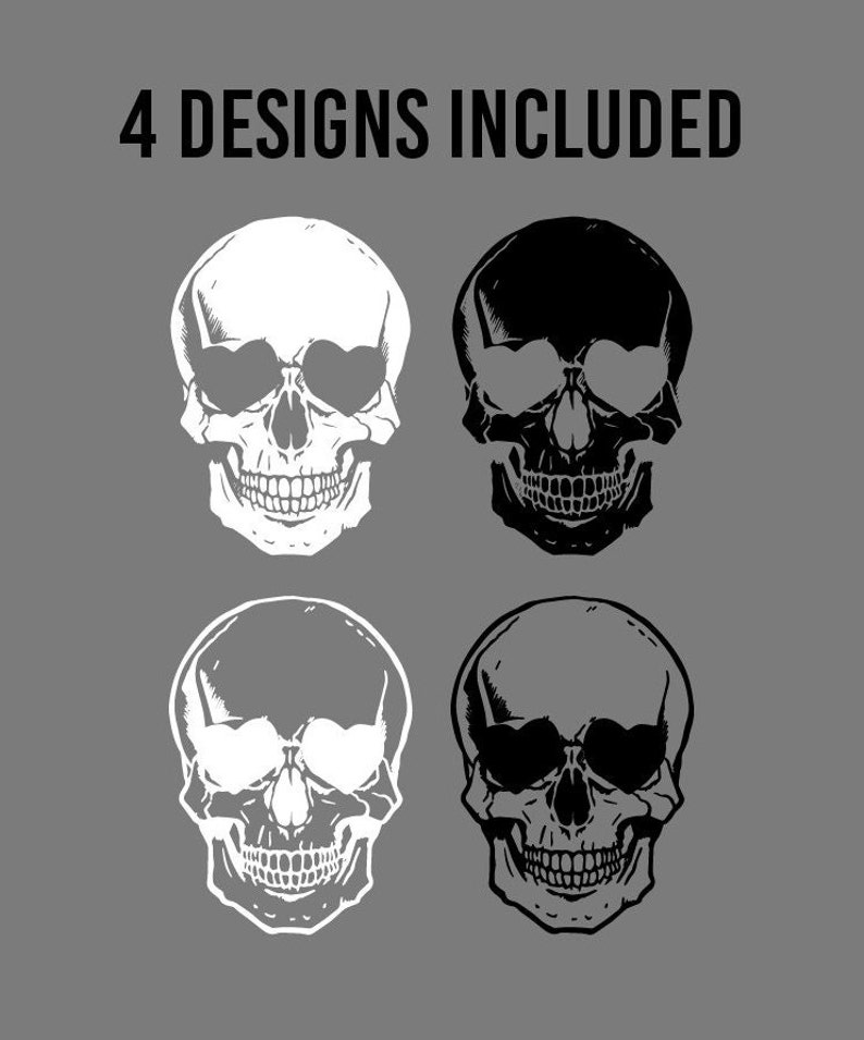 May include: Four designs of a skull wearing sunglasses. The skulls are in black, white, and two shades of gray.