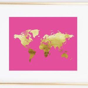 Hot Pink FAUX Gold Foil World Map, World Map Wall Decor, World Map Office Decor, Gallery Wall, Gold Foil Home Decor