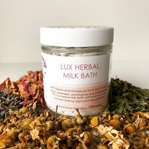 Lux Herbal Milk Bath\Soak | Bath Salts with Magnesium to relax sore muscles | Soothe nerves | Rose, Lavender, Chamomile | Stocking stuffer