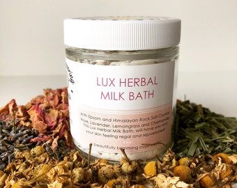 Lux Herbal Milk Bath\Soak | Bath Salts with Magnesium to relax sore muscles | Soothe nerves | Rose, Lavender, Chamomile | Stocking stuffer