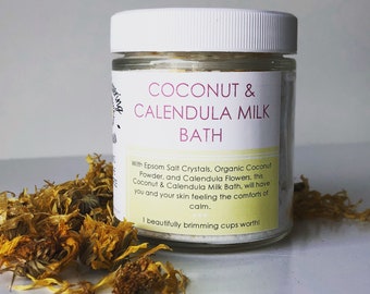 Bain de lait de noix de coco et calendula | Bain naturel Soak | Sels de bain au magnésium pour détendre les muscles endoloris | Hydrater la peau sèche | Farce de stockage