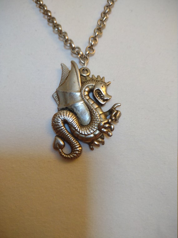 Vintage Silver Tone Metal Dragon pendant necklace - image 3