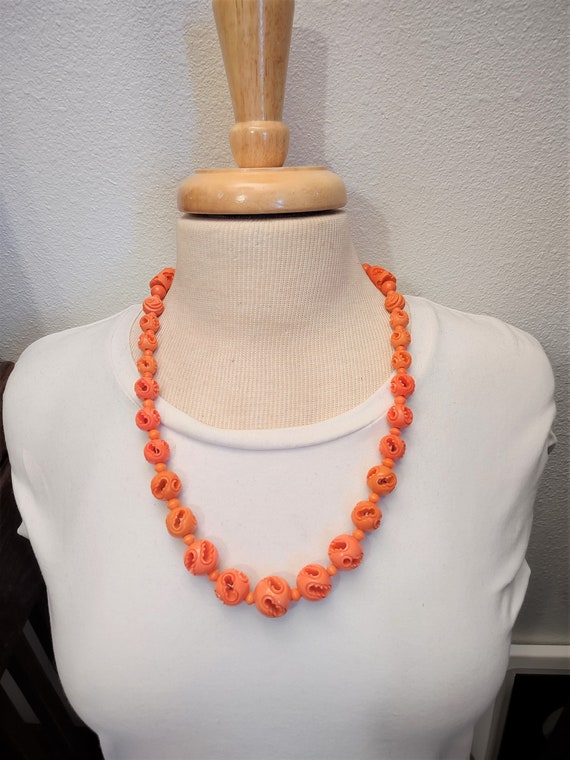 Art Deco French Galalith Coral Color Bead Necklace
