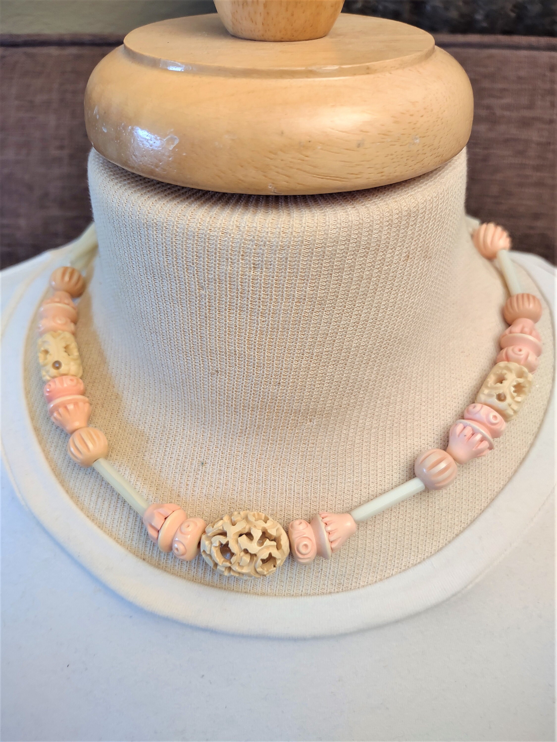 Antique Galalith Pink and Cream Bead Choker Necklace