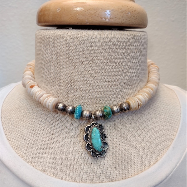 Old Pawn Sterling and Heishi Bead Turquoise Pendant Necklace