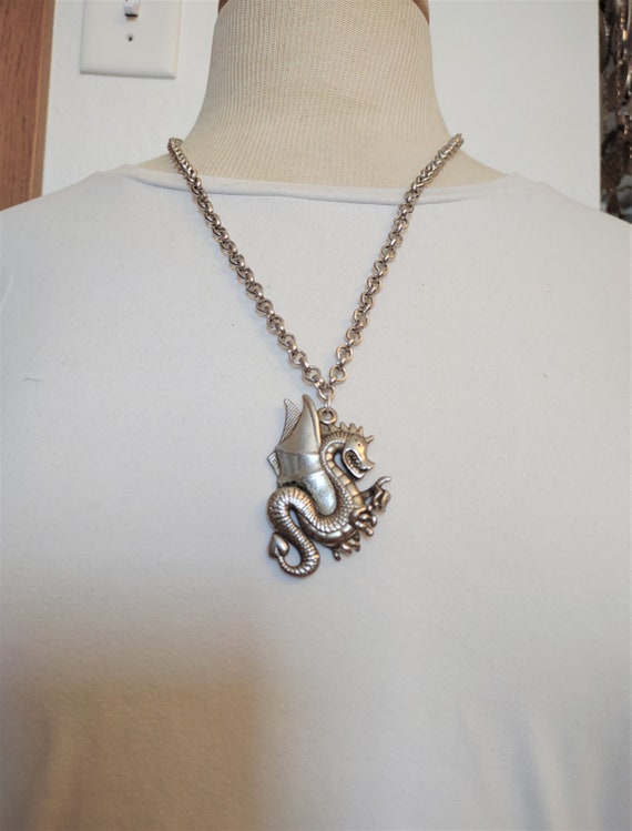 Vintage Silver Tone Metal Dragon pendant necklace - image 1