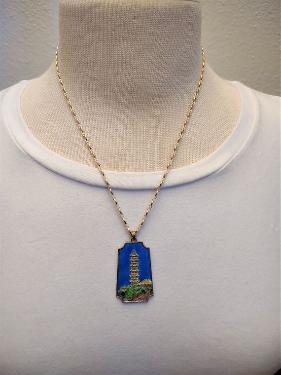 Brass & Enamel Chinese Pagoda Pendant Necklace