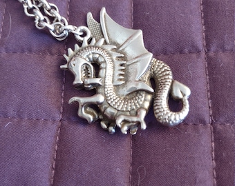Silver Metal Dragon Pendant Necklace Vintage