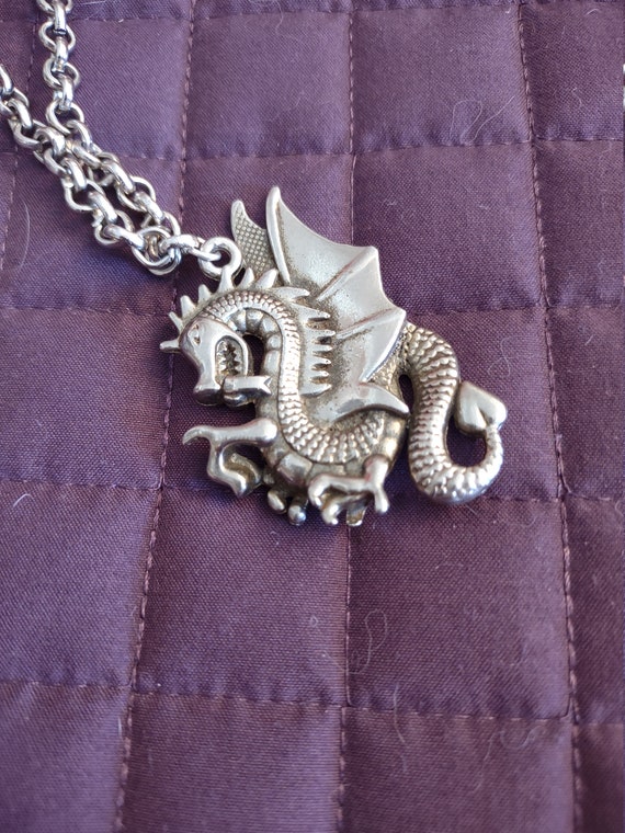 Vintage Silver Tone Metal Dragon pendant necklace - image 5