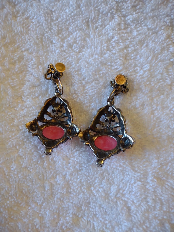 Ornate Silver Tone Earrings with Pink Lucite Ston… - image 2
