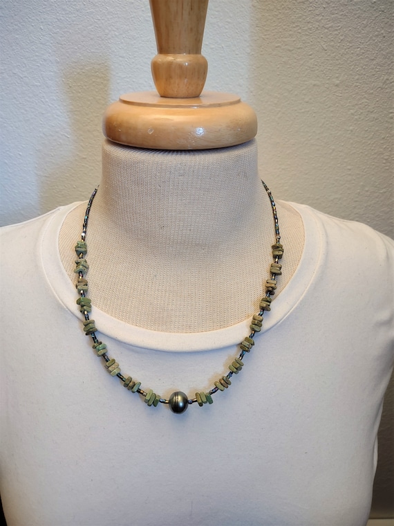 Tahitian Pearl and Green Turquoise Choker Necklace