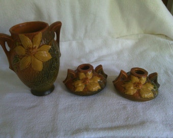 Roseville Clematis Art Pottery Vase and Candlesticks set