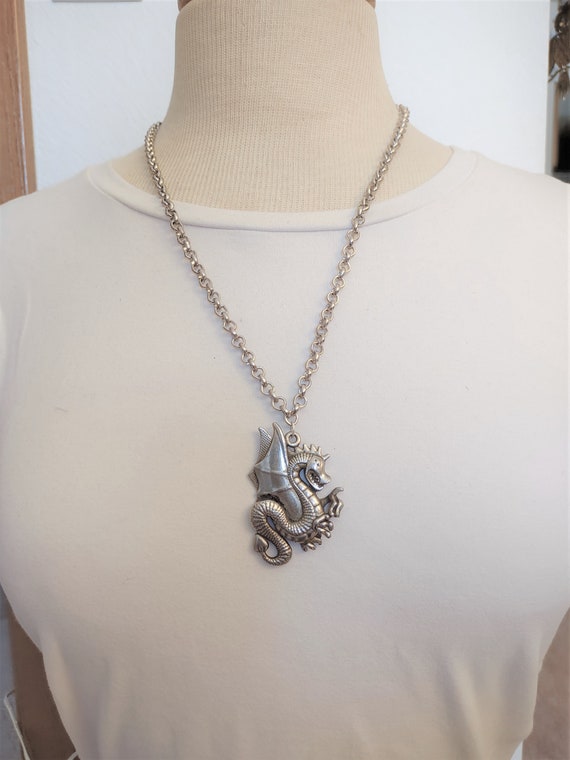 Vintage Silver Tone Metal Dragon pendant necklace - image 2