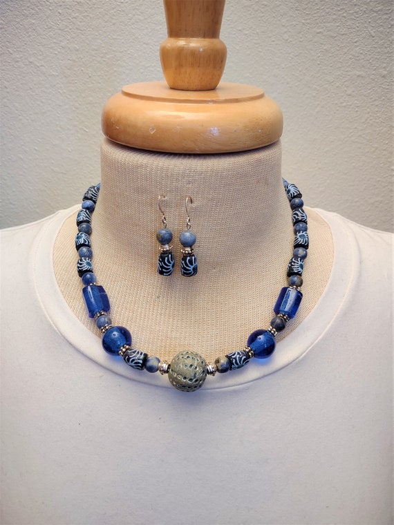 African Glass and Clay Bead Necklace and Earring S