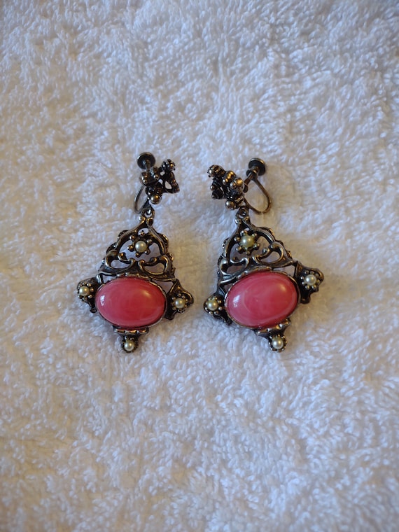 Ornate Silver Tone Earrings with Pink Lucite Ston… - image 1