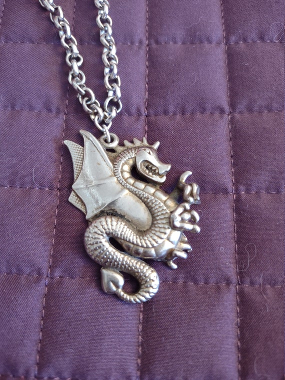 Vintage Silver Tone Metal Dragon pendant necklace - image 4