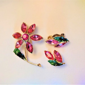 Vintage Pink Rhinestone and Enamel Flower Brooch and Earring set