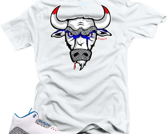 T Shirt to match Nike Air Jordan Retro 3 true blue "The Bull" White Tee