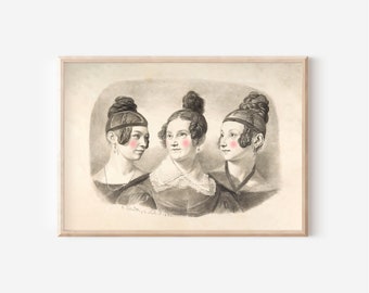 Altered art | vintage portrait | mother and daughters portrait | art download | graphite drawing, printable art portrait, antique wall art