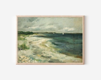 Vintage seascape painting | digital download | coastal oil painting, printable art, antique art, large wall art, gallery wall