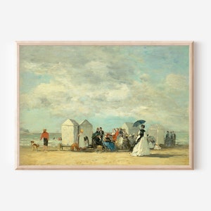 Vintage beach art digital download | coastal antique painting, printable artwork, seaside art, beach decor, sea painting, large wall art