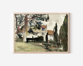 May include: A watercolor painting of a house with a large tree in the foreground. The house is painted in shades of brown, white, and blue, and the tree is painted in shades of green and brown. The painting is set against a background of a cloudy sky.