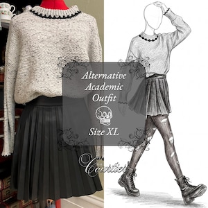 May include: An alternative academic outfit featuring a speckled sweater with black trim, a black pleated skirt, and a size XL. The image includes a sketch of the outfit with ripped tights and combat boots.
