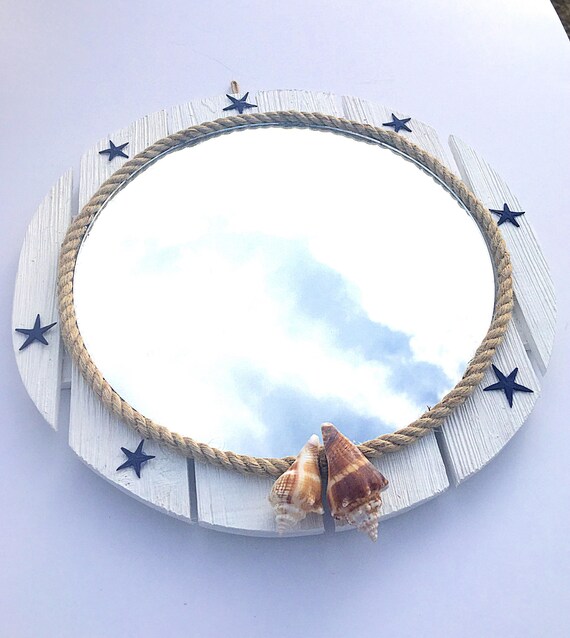 Beach Mirror Pallet Round Coastal With Rope Trim And Seas Handpainted Navy Blue Baby Starfish Twine Hanger 10 Inch Mirr