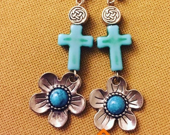 Jesus turquoise earrings ,Christmas gifts for her cross earrings ,blue crucifix earrings