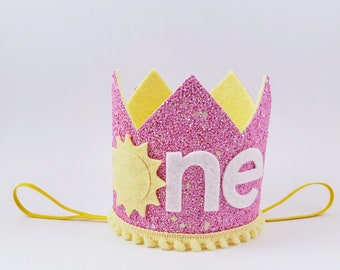 Sunshine First Birthday Crown, Pink Glitter Party Hat, Handmade